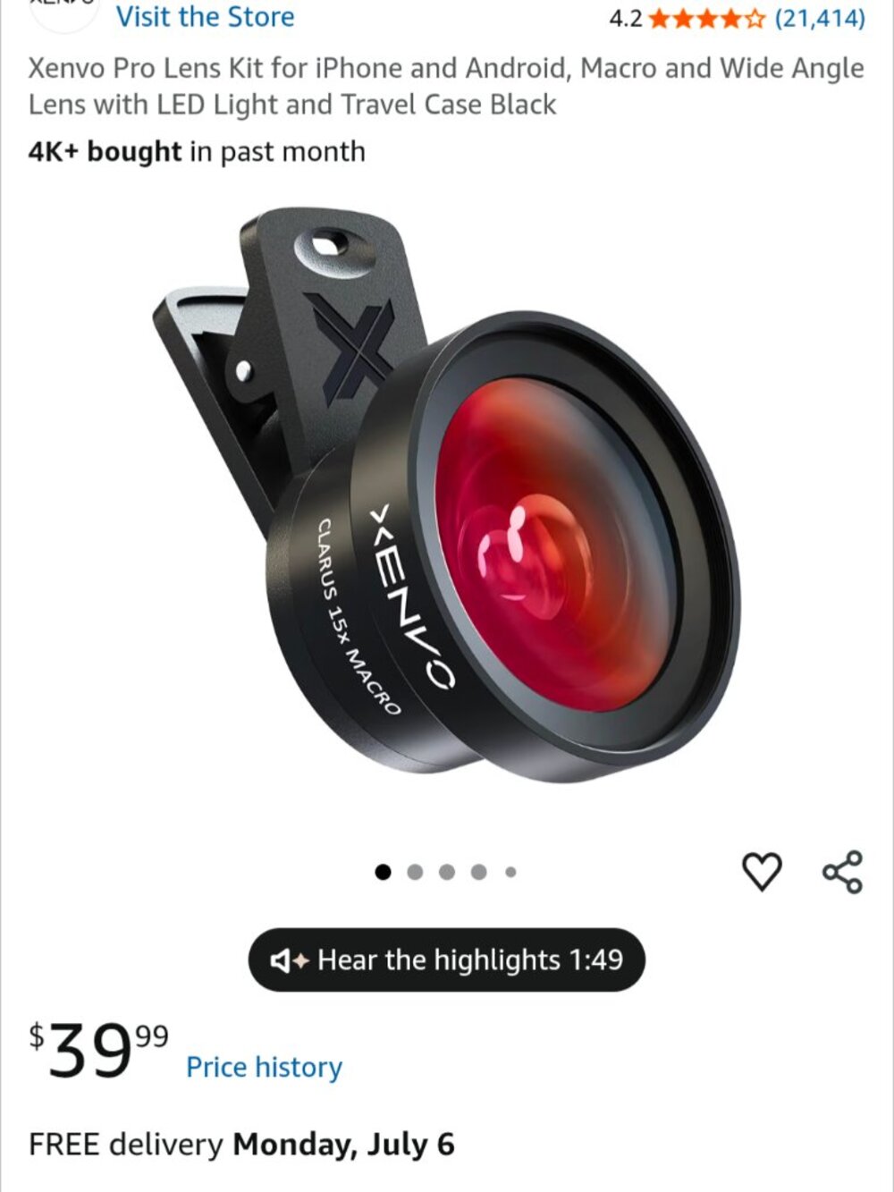 New Xenvo Phone Lens TruView Wide Angle and Macro Kit + GlowClip LED Light